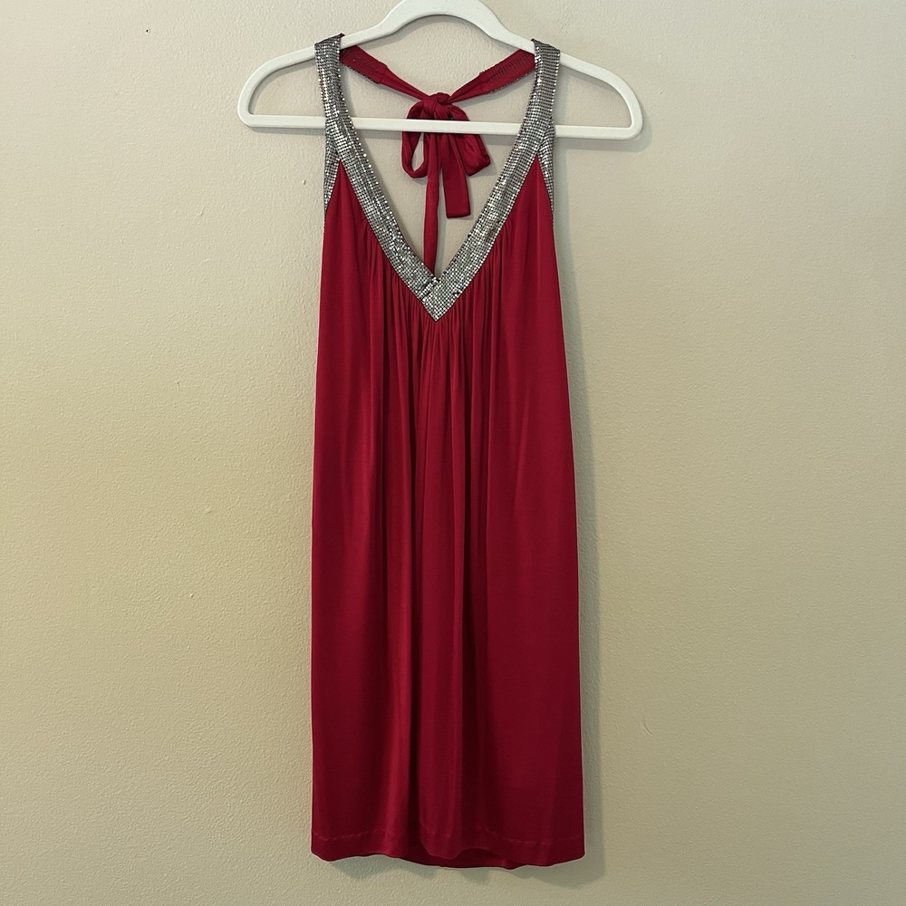 bcbg maxazria dress Womens M Y2K Red Chainmail Castle Core Open Back Glam Silver - Picture 2 of 12